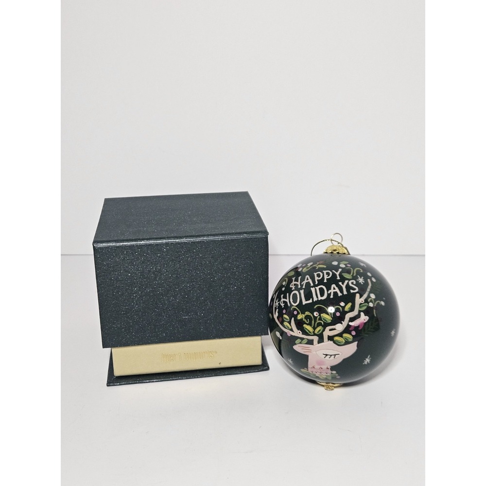 Pier 1 Li Bien 2019 Happy Holidays Reindeer Christmas Ornament Glass Ball Boxed